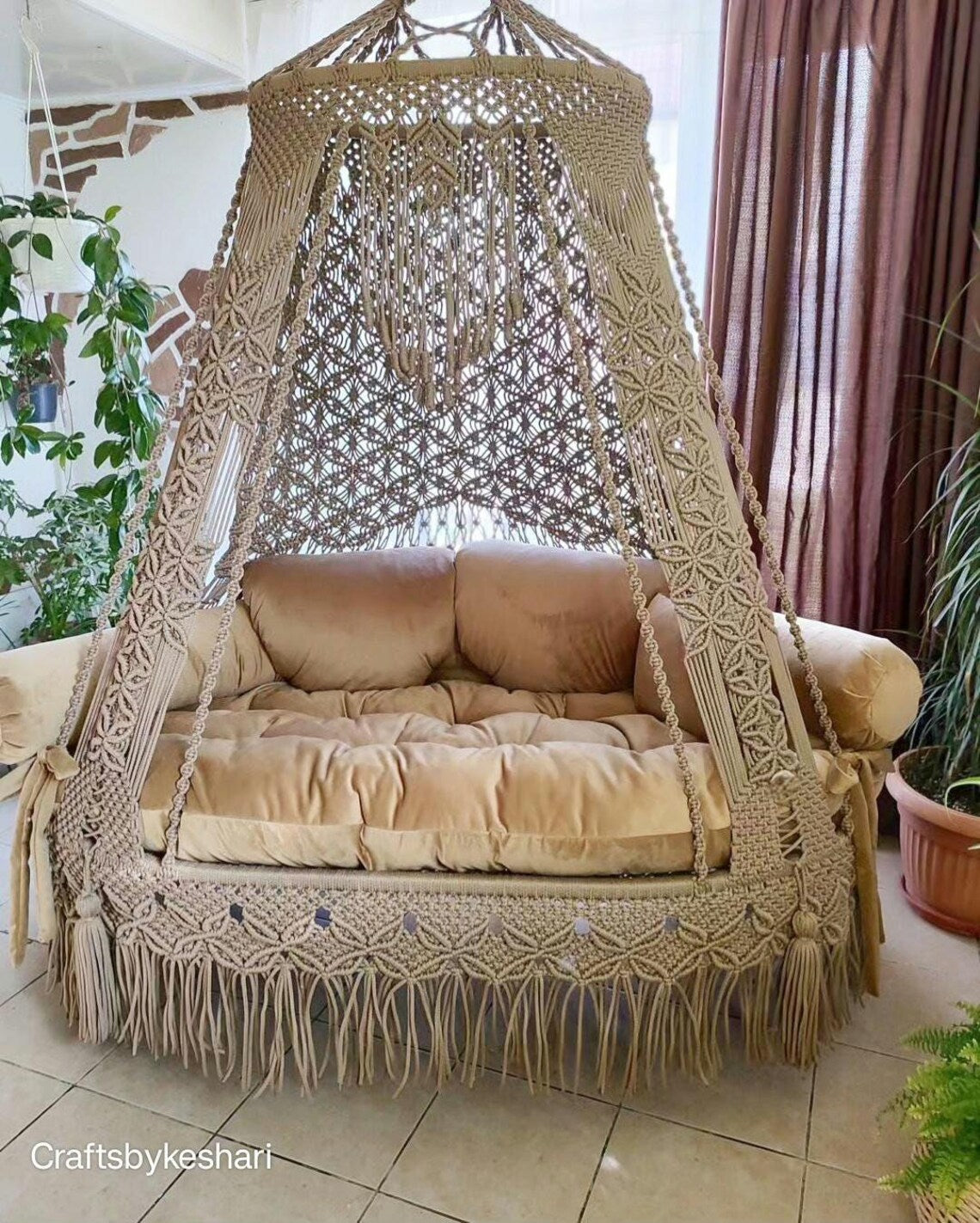 Brown Macrame Sofa Swing With Mattress And Cushions - Leechoo